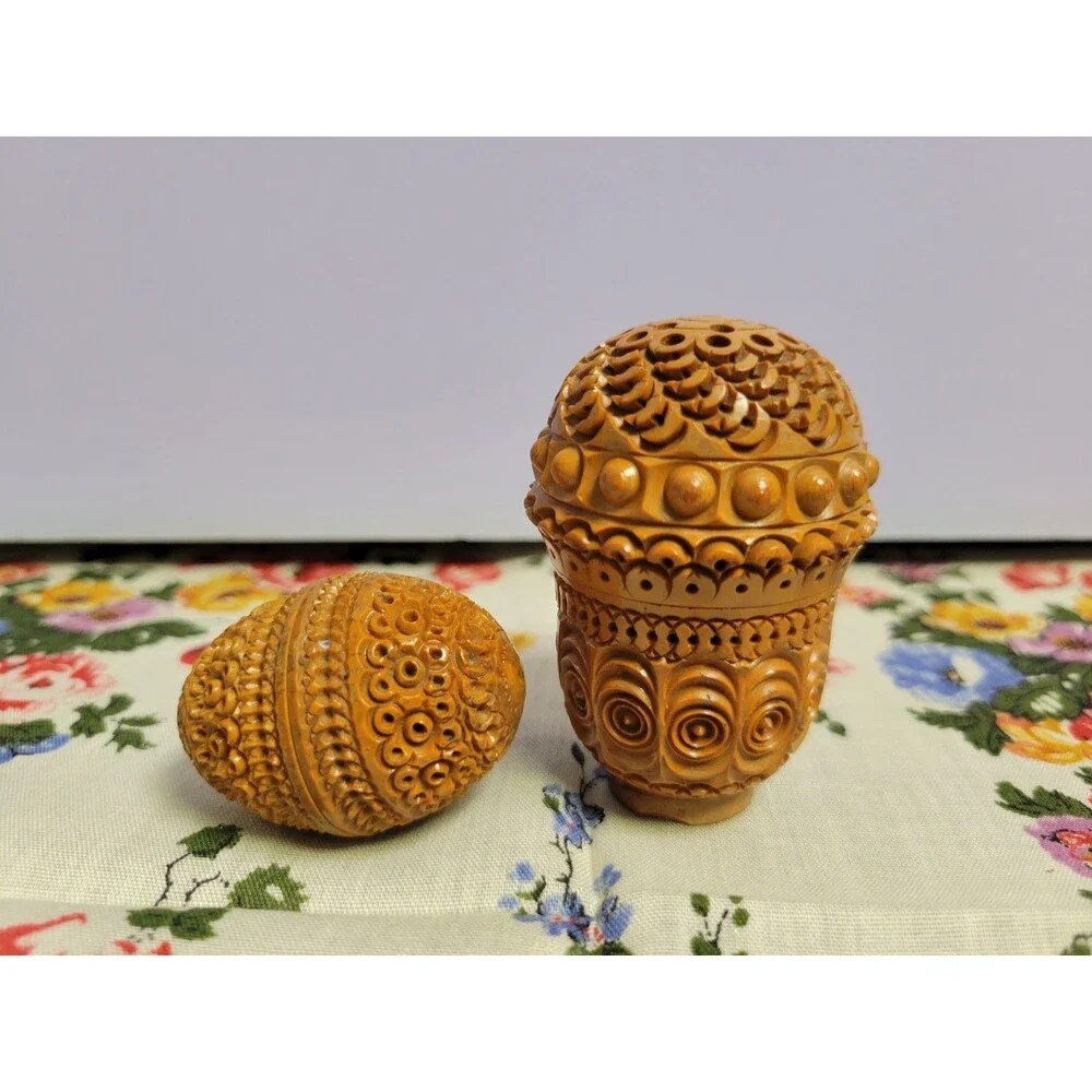 Antique Pair Of 19th Century Carved Coquilla Nut Pounce Pot or Spice Shaker